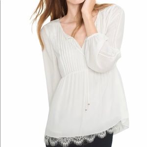 WHBM Lace-trim boho blouse, cream, size 0, pintuck detail, gold accents